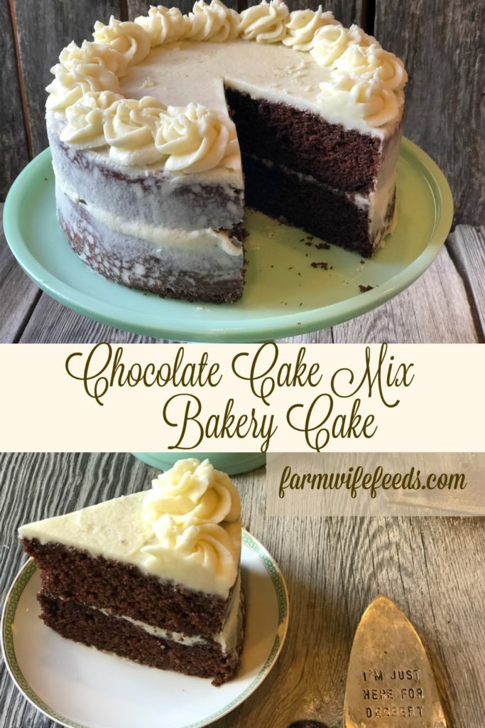 Chocolate Mix Bakery Cake from Farmwife Feeds easily takes a box mix to the next level just as fast as the directions on the box. #cake #boxmix #bakery #recipe #homemade