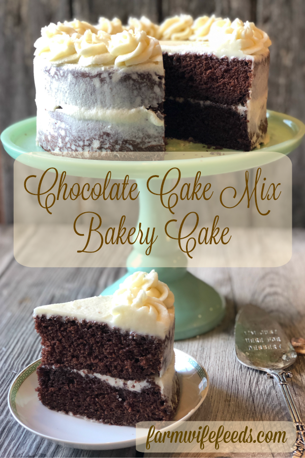 Chocolate Mix Bakery Cake from Farmwife Feeds easily takes a box mix to the next level just as fast as the directions on the box. #cake #boxmix #bakery #recipe #homemade