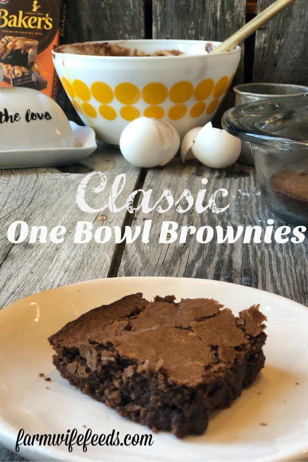 Classic One Bowl Brownies from Farmwife Feeds using pantry ingredients and refrigerator staples that are easy to make. #brownies #recipe #chocolate