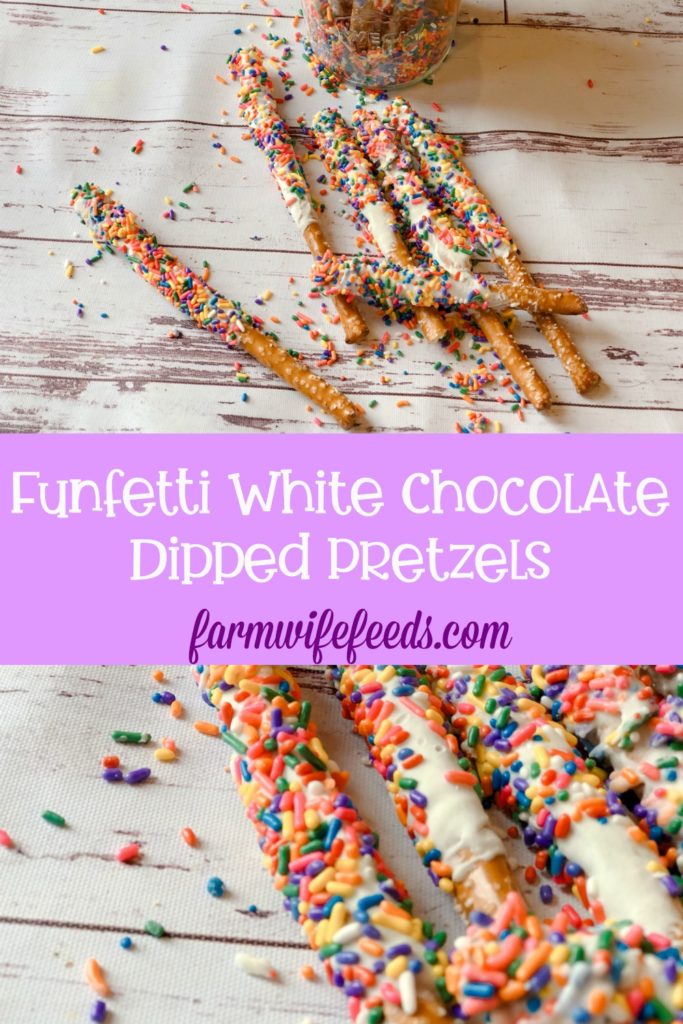 Funfetti White Chocolate Dipped Pretzels from Farmwife Feeds are full of sprinkle, white chocolate, cake mix and the saltiness of the pretzel for a fun snack or treat. #whitechocolate #sprinkles #saltysweet #pretzel #treat