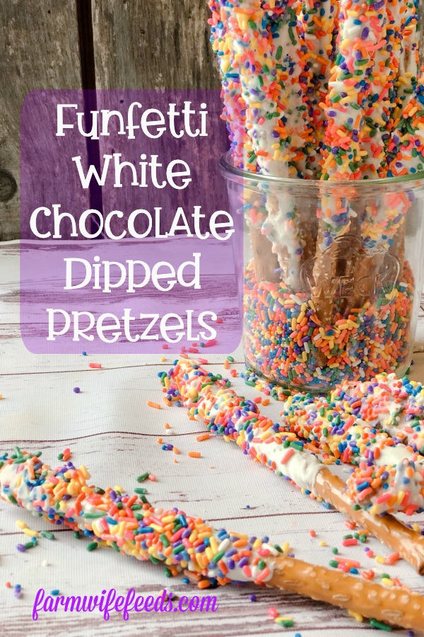 Funfetti White Chocolate Dipped Pretzels from Farmwife Feeds are full of sprinkle, white chocolate, cake mix and the saltiness of the pretzel for a fun snack or treat. #whitechocolate #sprinkles #saltysweet #pretzel #treat