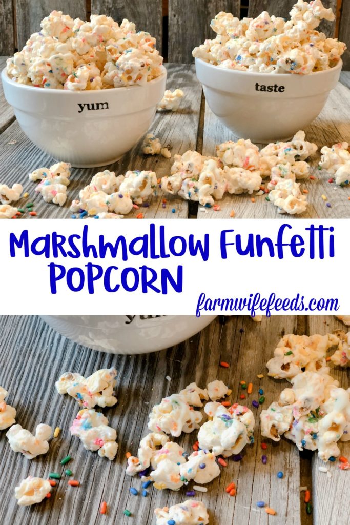Marshmallow Funfetti Popcorn from Farmwife Feeds is a sweet, salty, sticky, full of sprinkles treat. #popcorn #sprinkles #marshmallow