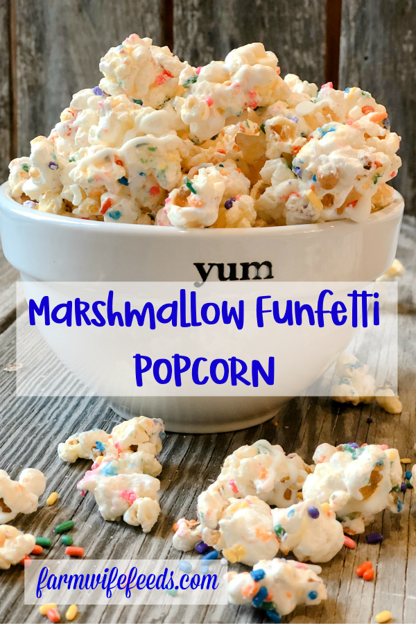 Marshmallow Funfetti Popcorn from Farmwife Feeds is a sweet, salty, sticky, full of sprinkles treat. #popcorn #sprinkles #marshmallow