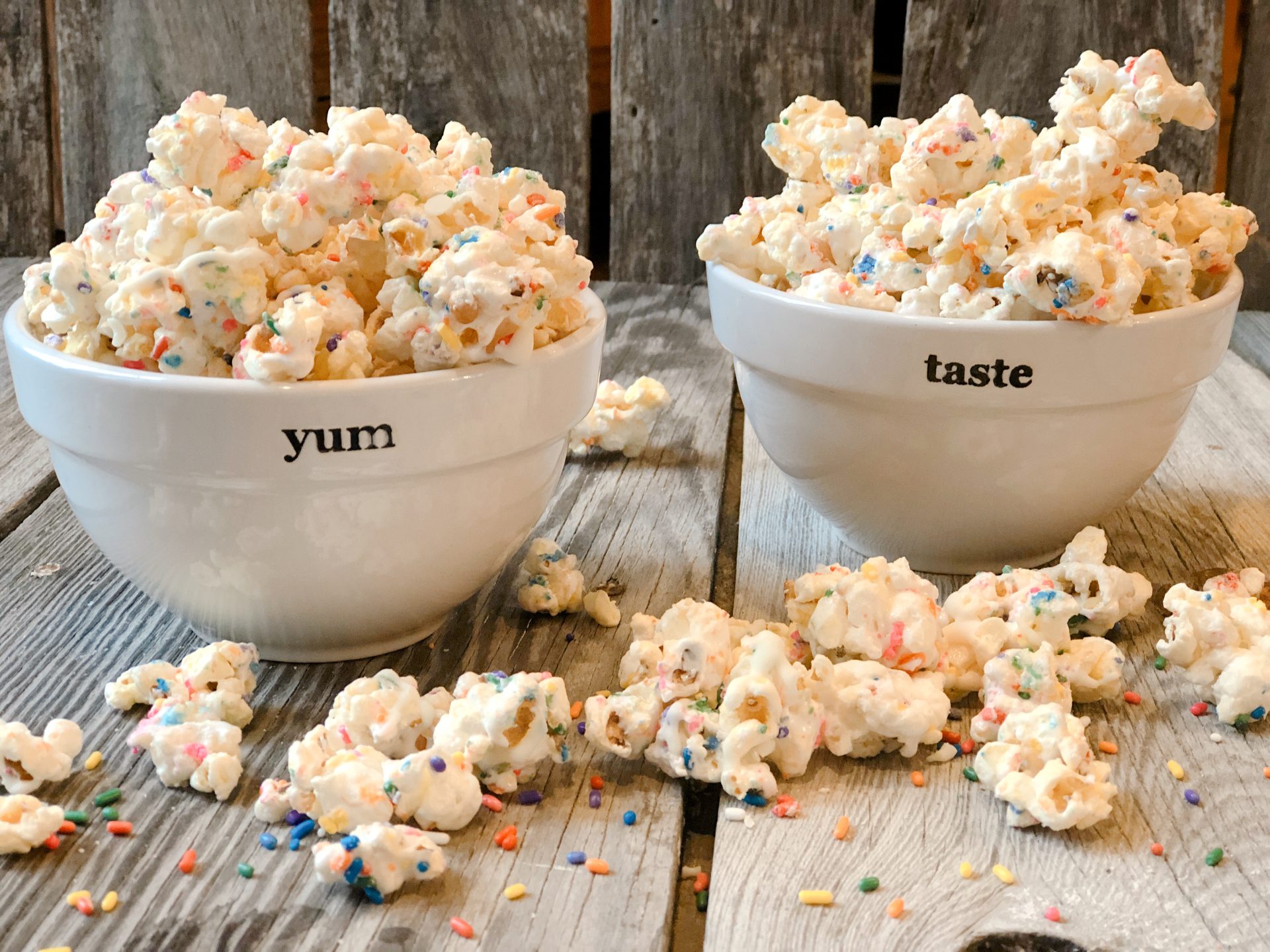 Marshmallow Funfetti Popcorn from Farmwife Feeds is a sweet, salty, sticky, full of sprinkles treat. #popcorn #sprinkles #marshmallow