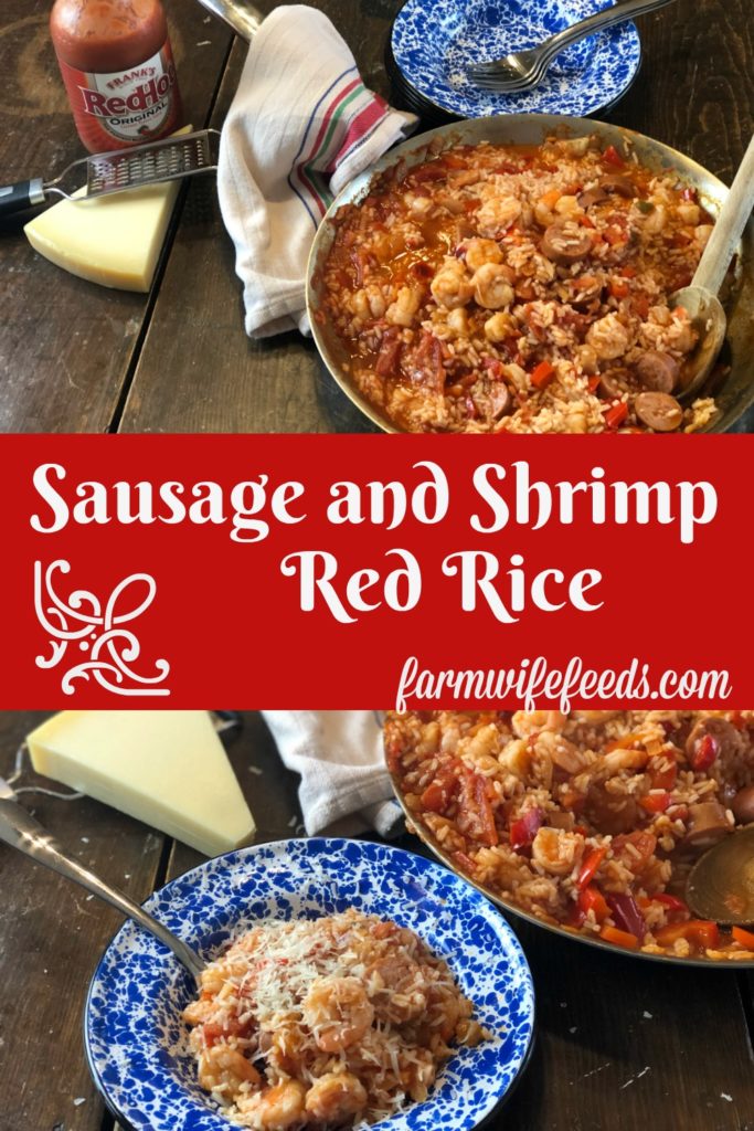 Sausage and Shrimp Red Rice from Farmwife Feeds is an easy southern dish that makes meal time easy. #sausage #rice #shrimp