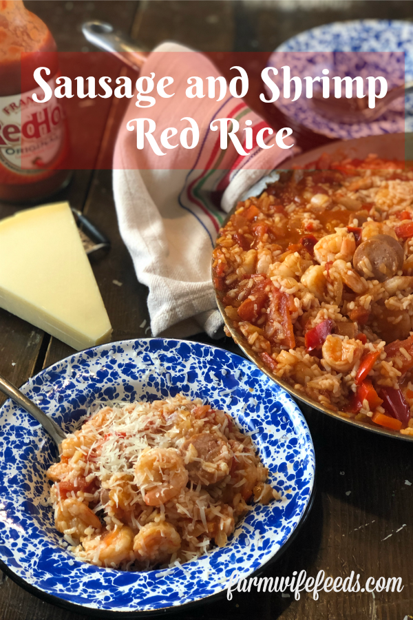 Sausage and Shrimp Red Rice from Farmwife Feeds is an easy southern dish that makes meal time easy. #sausage #rice #shrimp