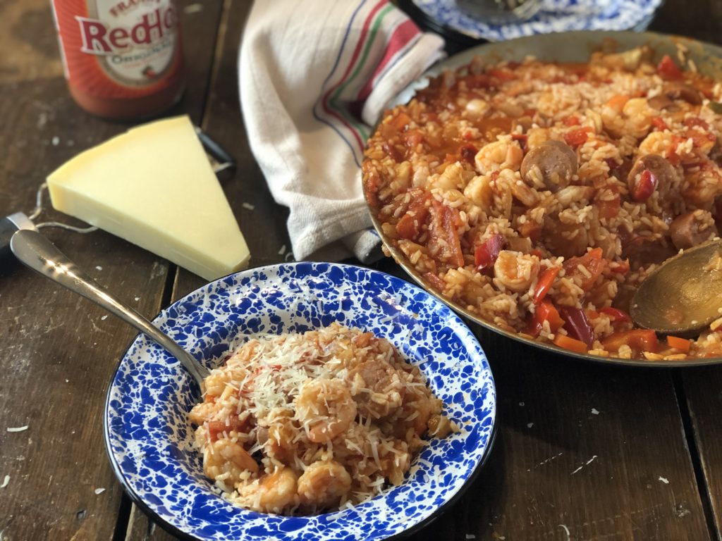 Sausage and Shrimp Red Rice from Farmwife Feeds is an easy southern dish that makes meal time easy. #sausage #rice #shrimp