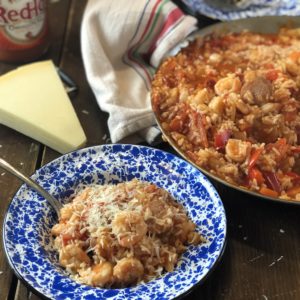 Sausage and Shrimp Red Rice from Farmwife Feeds is an easy southern dish that makes meal time easy. #sausage #rice #shrimp