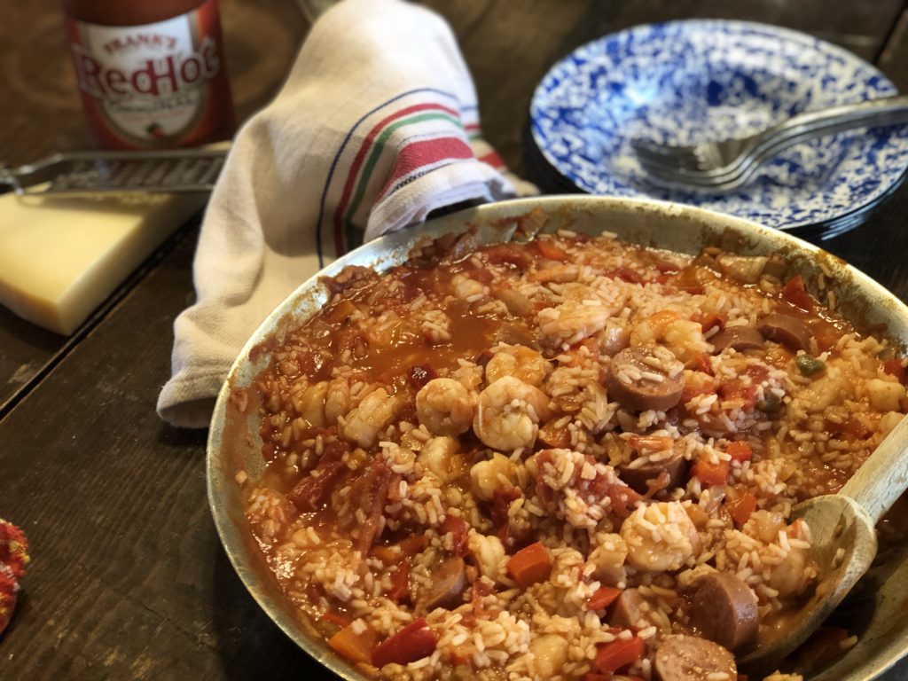 Sausage and Shrimp Red Rice from Farmwife Feeds is an easy southern dish that makes meal time easy. #sausage #rice #shrimp