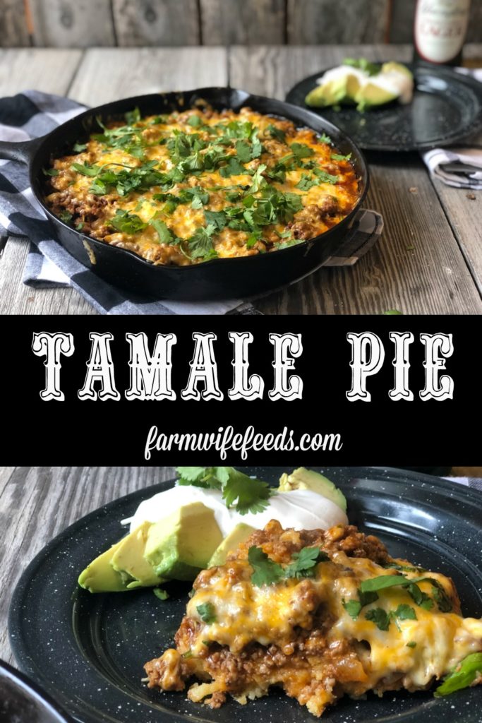 Tamale Pie from Farmwife Feeds made with easy homemade cornbread base, hamburger, enchilada sauce covered in cheese. #cornbread #beef #enchilada