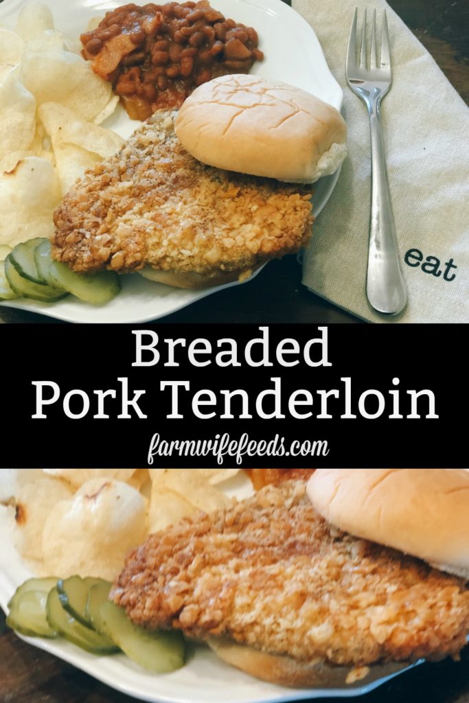 Breaded Pork Tenderloin from Farmwife Feeds is a crispy juicy classic sandwich with a cracker breading. #pork #sandwich #tenderloin