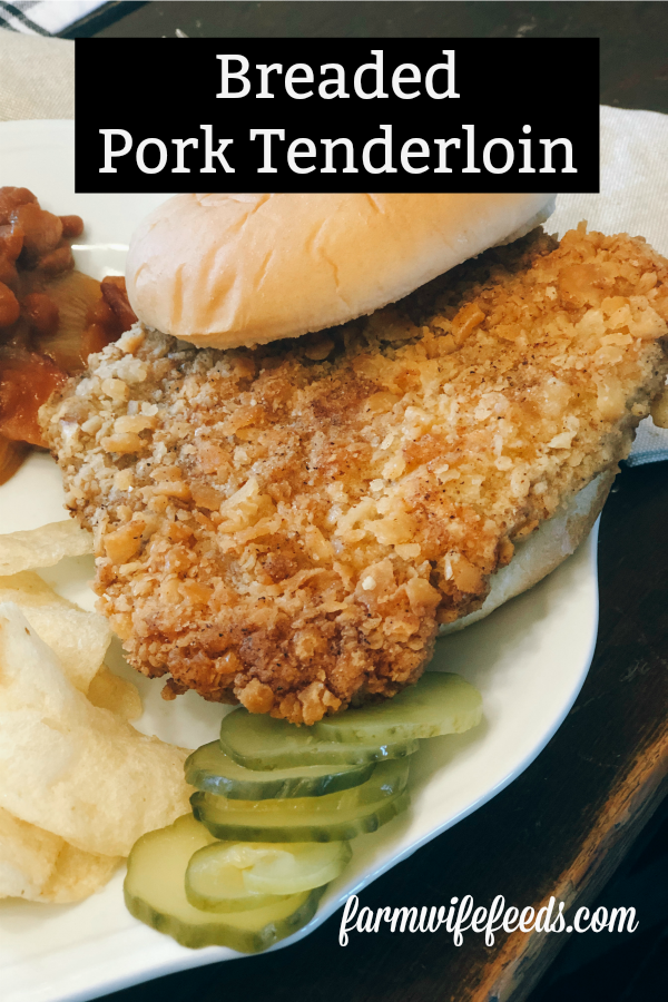 Breaded Pork Tenderloin from Farmwife Feeds is a crispy juicy classic sandwich with a cracker breading. #pork #sandwich #tenderloin