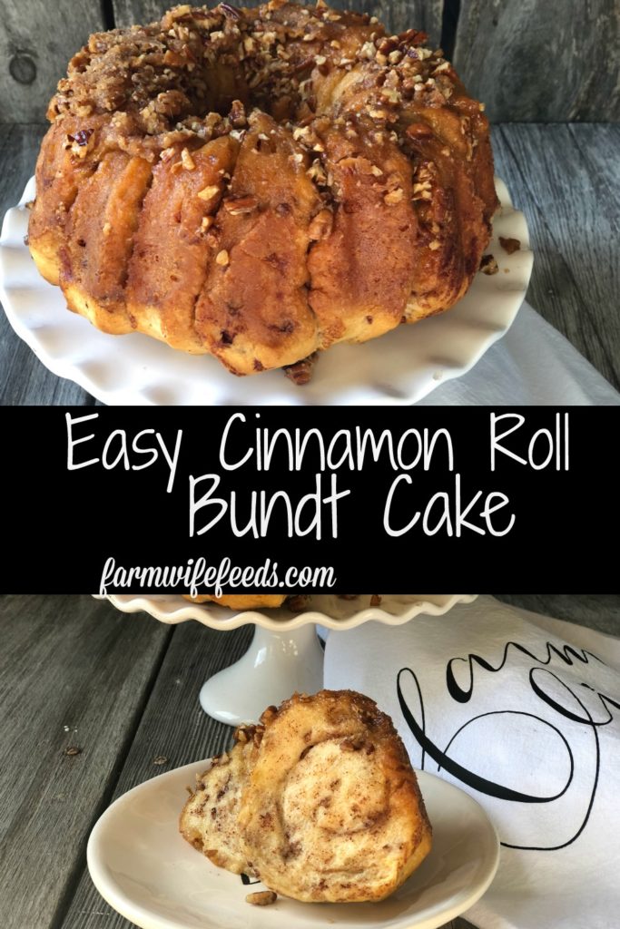 Easy Caramel Cinnamon Roll Bundt Cake from Farmwife Feeds makes a pop can of cinnamon rolls into a delicious easy bundt cake with a caramel glaze and pecans. #cinnamonrolls #bundtcake #easybreakfast 