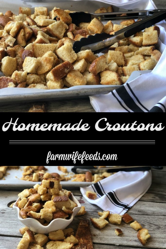 Homemade Croutons from Farmwife Feeds are a great way to use up stale bread or the save all the heels, super easy and delicious. #bread #homemade #croutons #salad