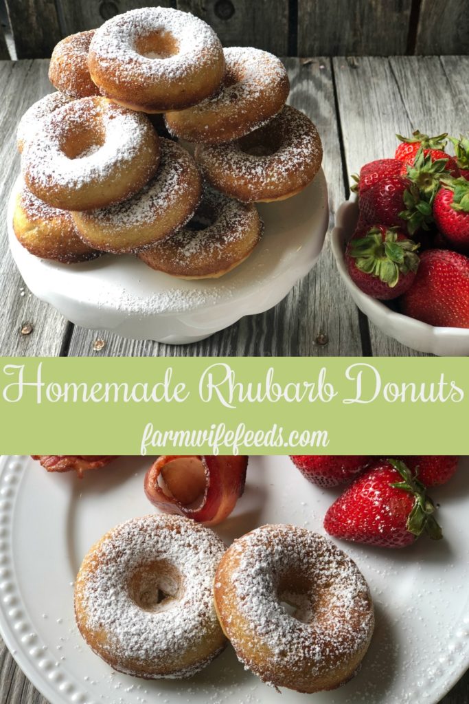 Homemade Rhubarb Donuts from Farmwife Feeds are super simple ingredients for a fresh baked donut full of rhubarb flavor that makes a great treat. #donut #homemade #bakeddonut #rhubarb