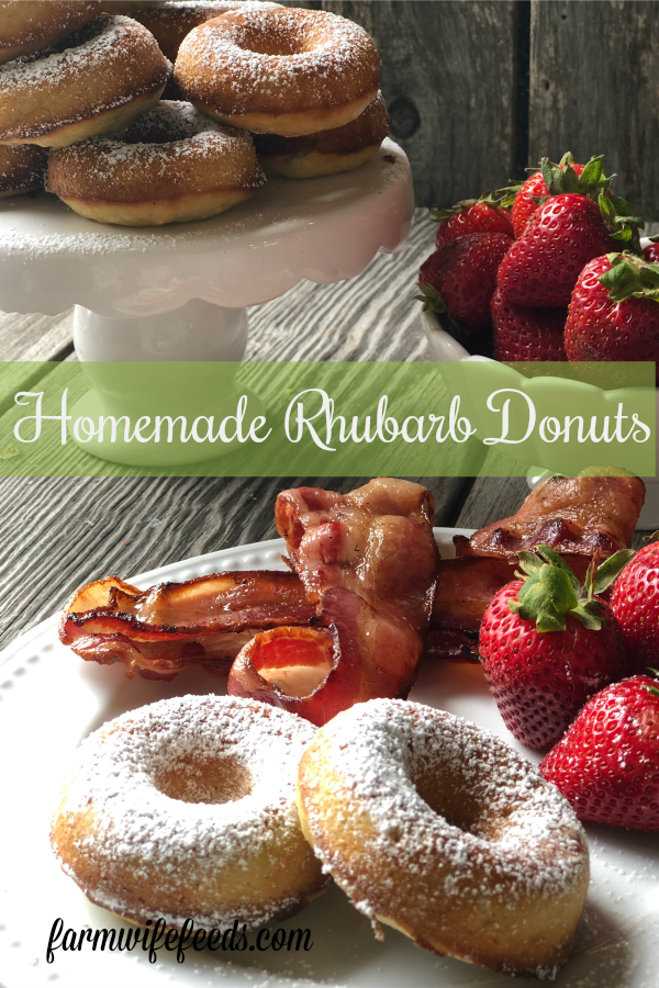 Homemade Rhubarb Donuts from Farmwife Feeds are super simple ingredients for a fresh baked donut full of rhubarb flavor that makes a great treat. #donut #homemade #bakeddonut #rhubarb