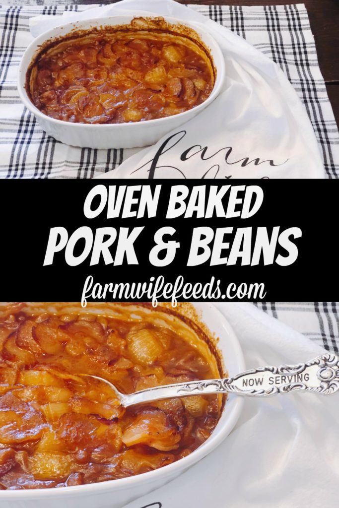 Oven Baked Pork and Beans from Farmwife Feeds are a classic bbq staple that also makes a great side dish for everyday meals. #beans #bbq #pork