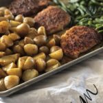 Sheet Pan Pork Chop Dinner from Farmwife Feeds is a one pan, 5 minute prep meal to feed the whole family. #pork #onepan #sheetpandinner