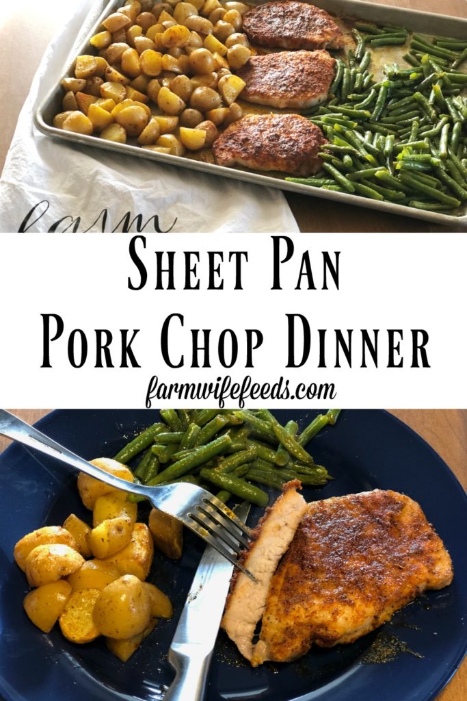 Sheet Pan Pork Chop Dinner from Farmwife Feeds is a one pan, 5 minute prep meal to feed the whole family. #pork #onepan #sheetpandinner
