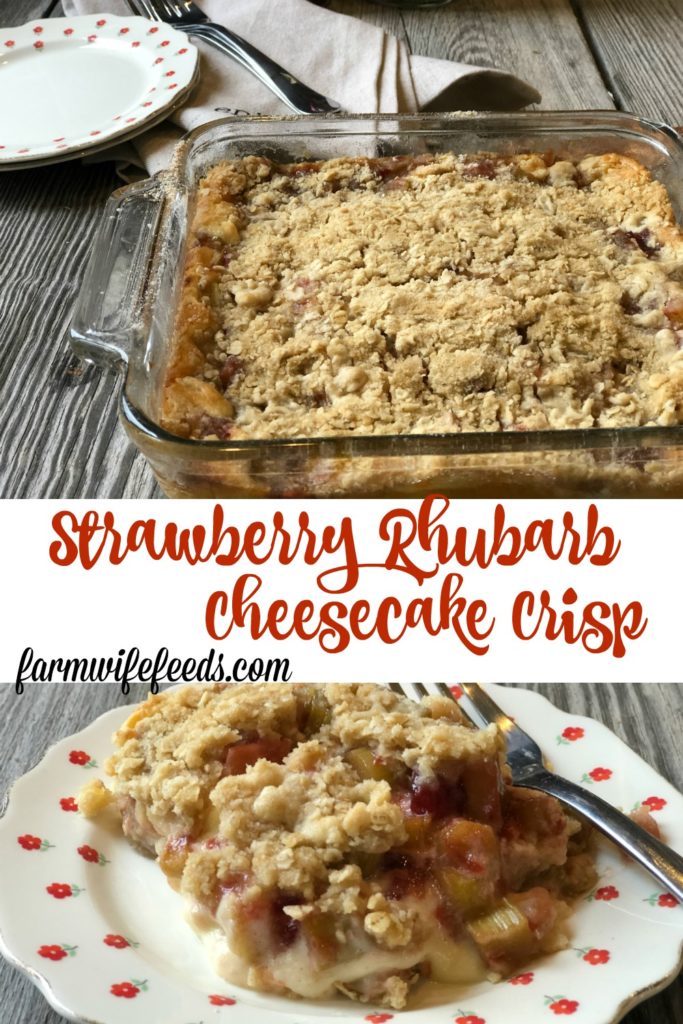 Strawberry Rhubarb Cheesecake Crisp from Farmwife Feeds is everything the name says all in one delicious dish. #crisp #strawberry #cheesecake #dessert #rhubarb