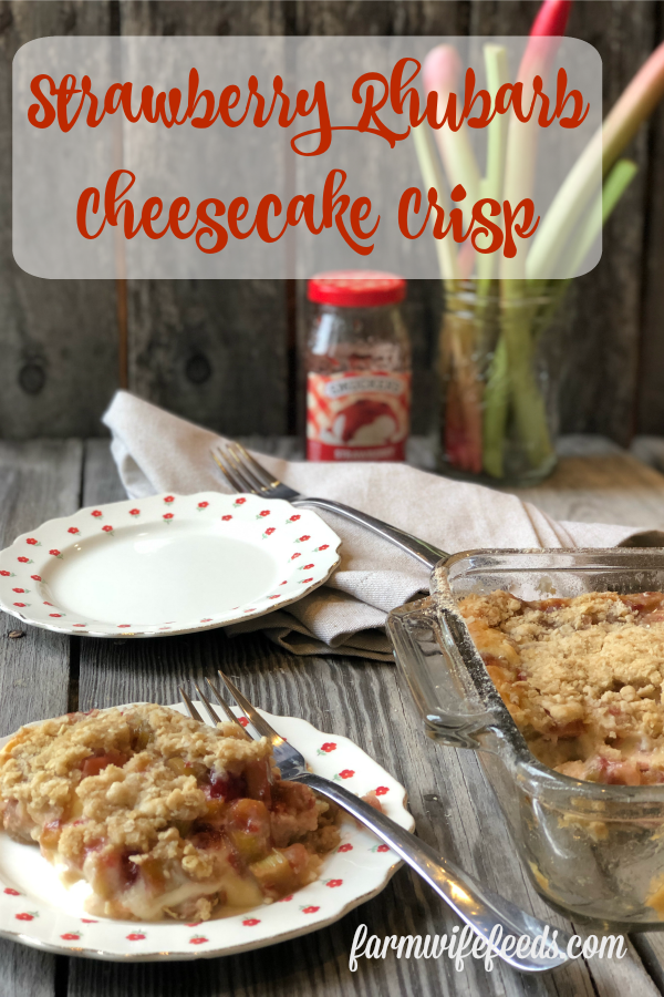Strawberry Rhubarb Cheesecake Crisp from Farmwife Feeds is everything the name says all in one delicious dish. #crisp #strawberry #cheesecake #dessert #rhubarb