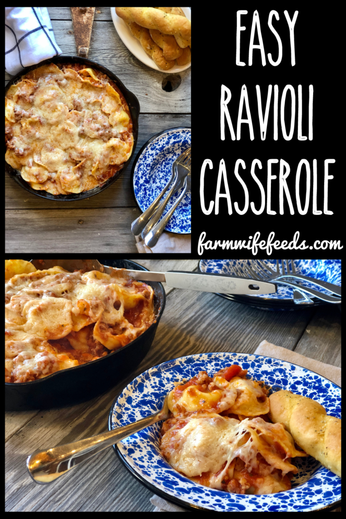 Easy Ravioli Casserole from Farmwife Feeds is a hearty meal that is ready in less than 30 minutes or can be prepped ahead for busy nights.