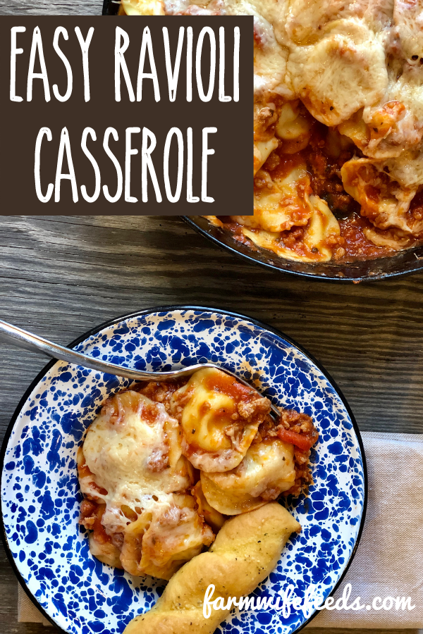 Easy Ravioli Casserole from Farmwife Feeds is a hearty meal that is ready in less than 30 minutes or can be prepped ahead for busy nights.