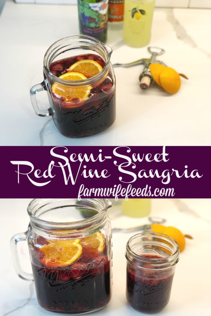 Semi-Sweet Red Wine Sangria from Farmwife Feeds, fruity wine with Triple Sec and Lemoncello made by the pitcher! #sangria #redwine #drinks