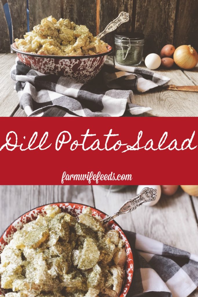 Dill Potato Salad from Farmwife Feeds is simple ingredients but not traditional potato salad with a kick of dill. #potatosalad #pitchin #picnic