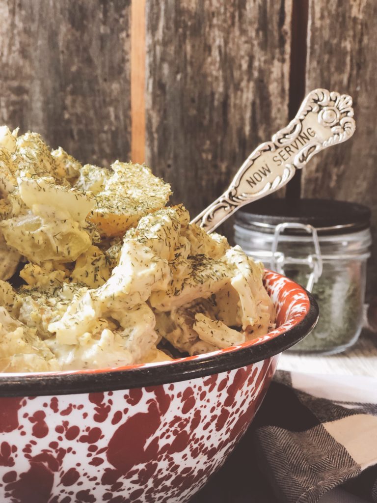 Dill Potato Salad from Farmwife Feeds is simple ingredients but not traditional potato salad with a kick of dill. #potatosalad #pitchin #picnic