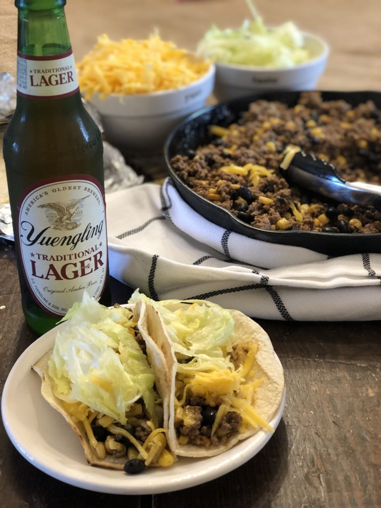 Easy Loaded Skillet Taco Meat from Farmwife Feeds is a one pan meal loaded with meat, veggie and beans for an easy busy night meal for the family. #onepan #taco #mexican