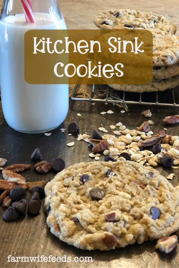 Kitchen Sink Cookies from Farmwife Feeds, everything and anything you like can go in these cookies, chewy crispy and delicious. #cookies #homemade #kitchensink