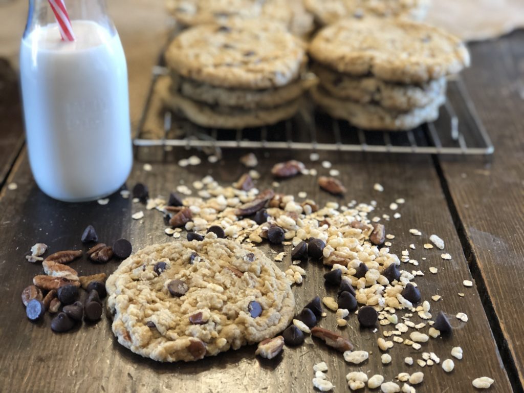 Giant Kitchen Sink Cookies from Farmwife Feeds are a soft chewy cookie you can add anything and everything to. #cookies #giantcookies #homemade #kitchensink