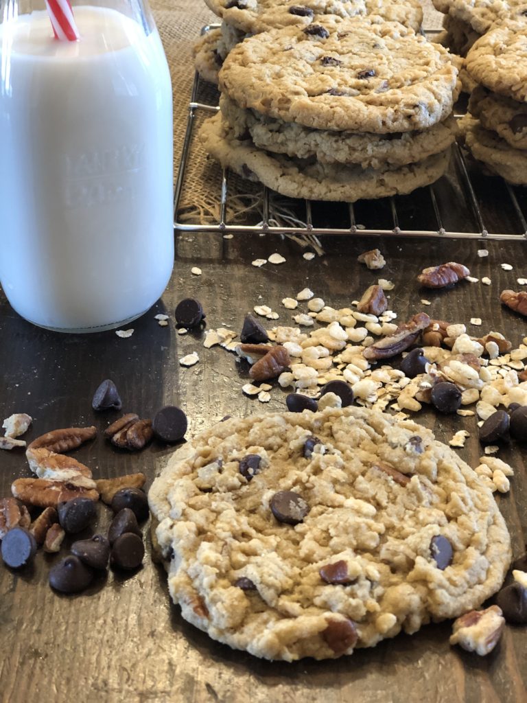 Giant Kitchen Sink Cookies from Farmwife Feeds are a soft chewy cookie you can add anything and everything to. #cookies #giantcookies #homemade #kitchensink