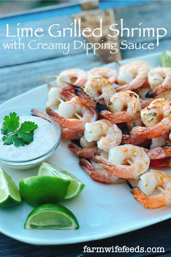 Lime Grilled Shrimp with Creamy Dipping Sauce from Farmwife Feeds is a simple grilled meal perfect for warm summer evenings. #shrimp #grill #lime