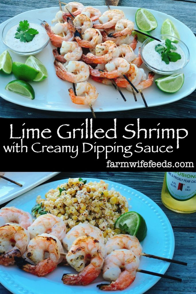 Lime Grilled Shrimp with Creamy Dipping Sauce from Farmwife Feeds is a simple grilled meal perfect for warm summer evenings. #shrimp #grill #lime