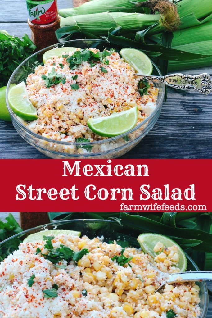 Mexican Street Corn Salad from Farmwife Feeds has all the original flavors of Mexican Street Corn but can be made up ahead and served when you're ready. #mexicanstreetcorn #salad #sweetcorn