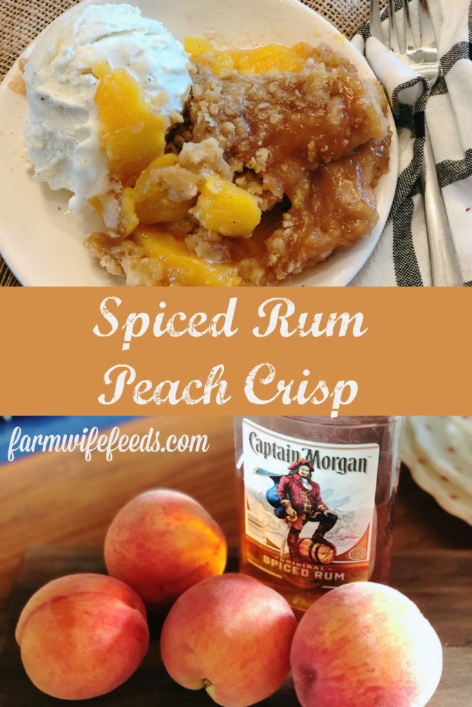 Spiced Rum Peach Crisp from Farmwife Feeds is the perfect fresh peach dessert with a spicy warmness that pairs perfect with ice cream. #peachcrisp #peaches #fruit