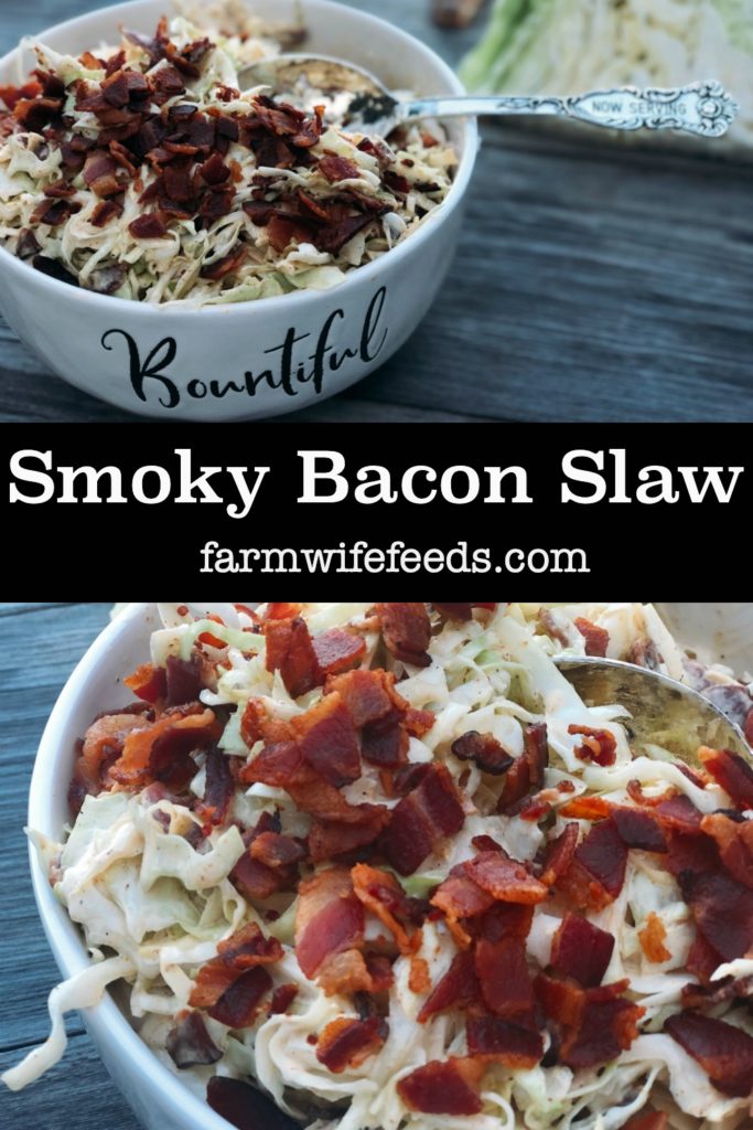 Smoky Bacon Slaw from Farmwife Feeds cabbage with smoky seasonings and crumbled bacon for the win. #slaw #cabbage #bacon