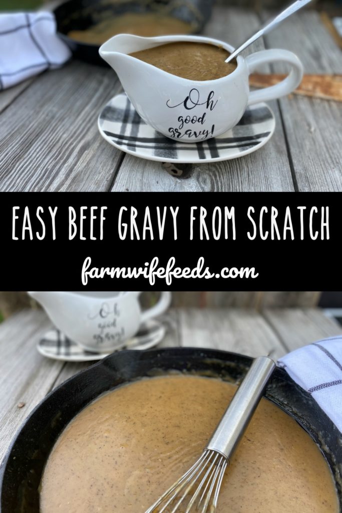 Easy Beef Gravy from Scratch by Farmwife Feeds is rich thick gravy made with 4 ingredients that you most likely have on hand. #beef #gravy #homemade #easy