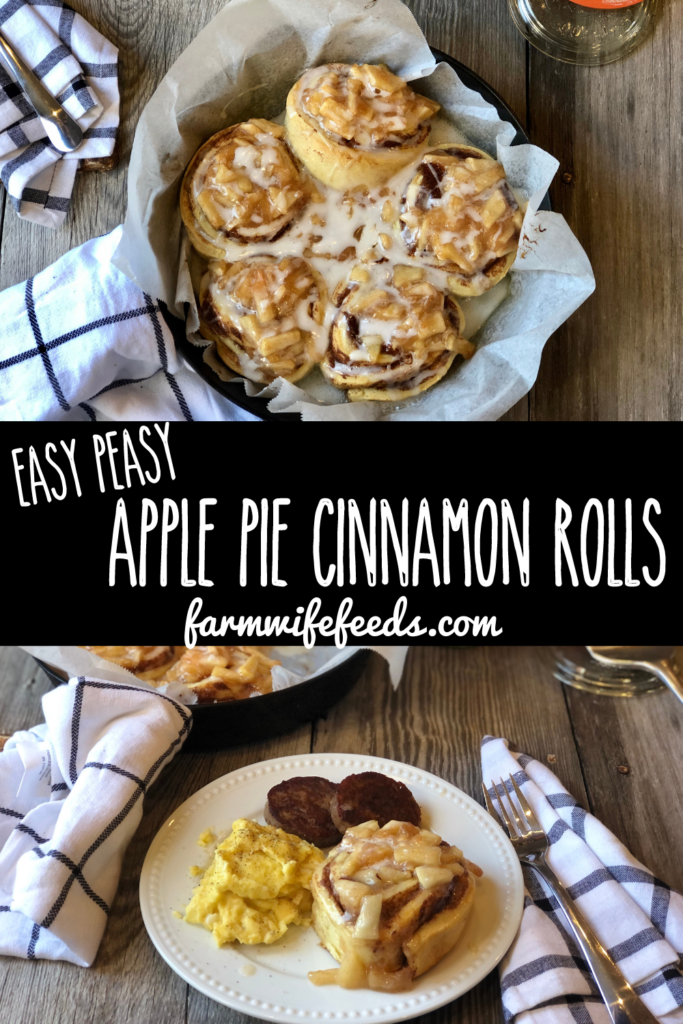 Easy Peasy Apple Pie Cinnamon Rolls from Farmwife Feeds taste like homemade, the perfect way to make semi-homemade for a delicious treat everyone will love. #cinnamonrolls #breakfast #semihomemade #applecinnamonrolls