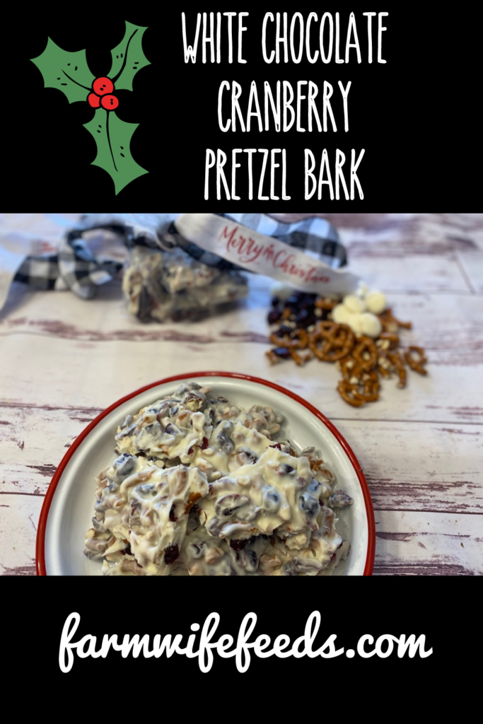 White Chocolate Cranberry Pretzel Bark from Farmwife Feeds, a simple 3 ingredient candy, easy to make and easy to share. #bark #cranberry #whitechocolate #pretzels