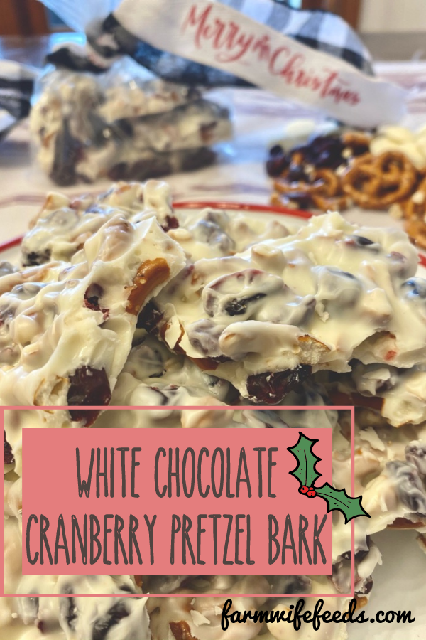 White Chocolate Cranberry Pretzel Bark from Farmwife Feeds, a simple 3 ingredient candy, easy to make and easy to share. #bark #cranberry #whitechocolate #pretzels