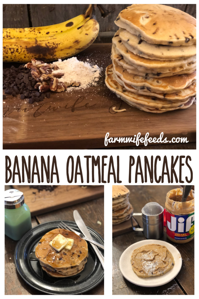 Banana Oatmeal Pancakes from Farmwife Feeds, a simple "healthy" pancake with no added sugar, great any time of the day. #glutenfree #pancake