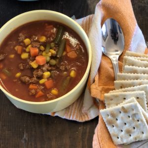 Easy Hamburger Vegetable Soup from Farmwife Feeds, a hearty quick stovetop soup for an easy meal. #soup #vegetable #hamburger #groundbeef
