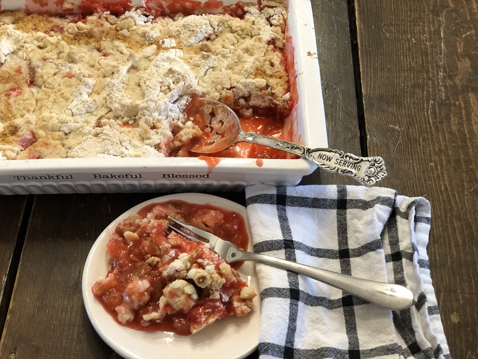 Strawberry Rhubarb Cobbler from Farmwife Feeds, an easy church cookbook dessert that you assemble right in the baking dish. #rhubarb #strawberry #dessert