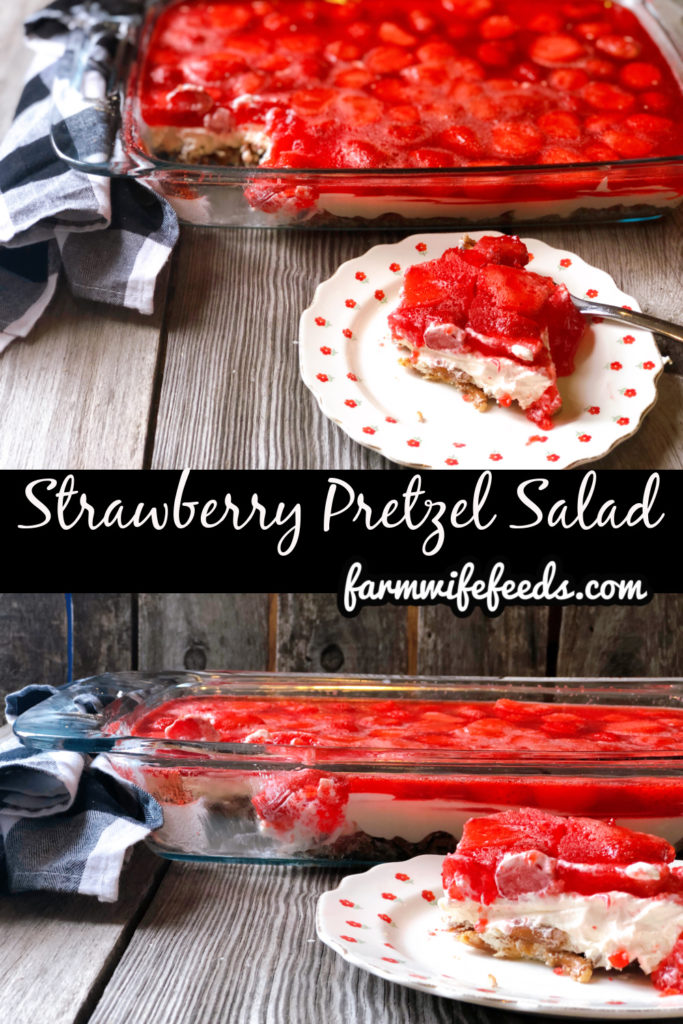 Strawberry Pretzel Salad from Farmwife Feeds, an easy 3 layer delicious dessert dish that hits the sweet, salty and fruit flavors. #strawberry #pretzel #salad #creamcheese