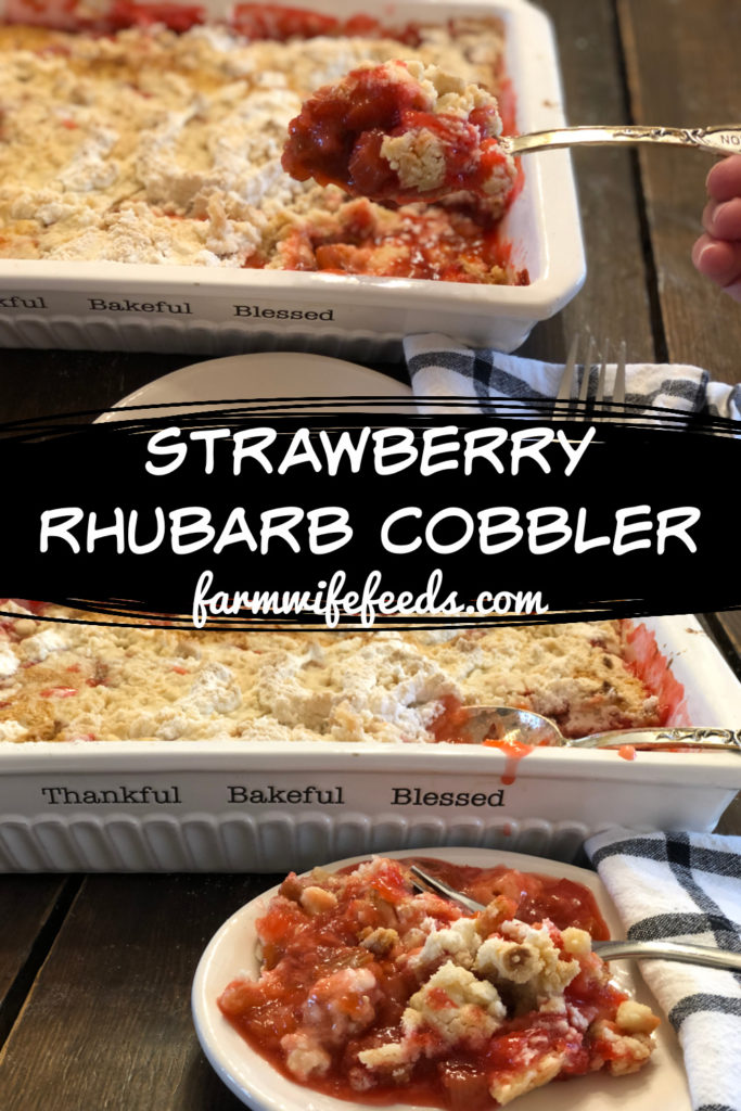 Strawberry Rhubarb Cobbler from Farmwife Feeds, an easy church cookbook dessert that you assemble right in the baking dish. #rhubarb #strawberry #dessert