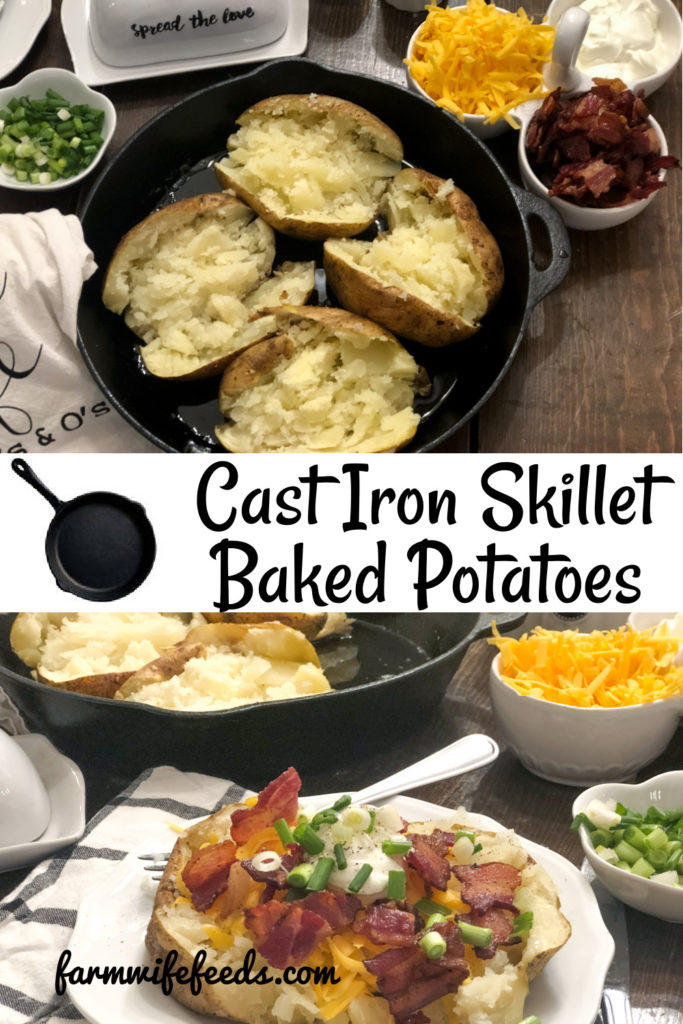 Cast Iron Skillet Baked Potatoes from Farmwife Feeds. Rolled in bacon grease then baked in the oven for a fluffy potato with a crispy salty skin and loaded with all the goodness. #bacon #bakedpotaoes #castiron