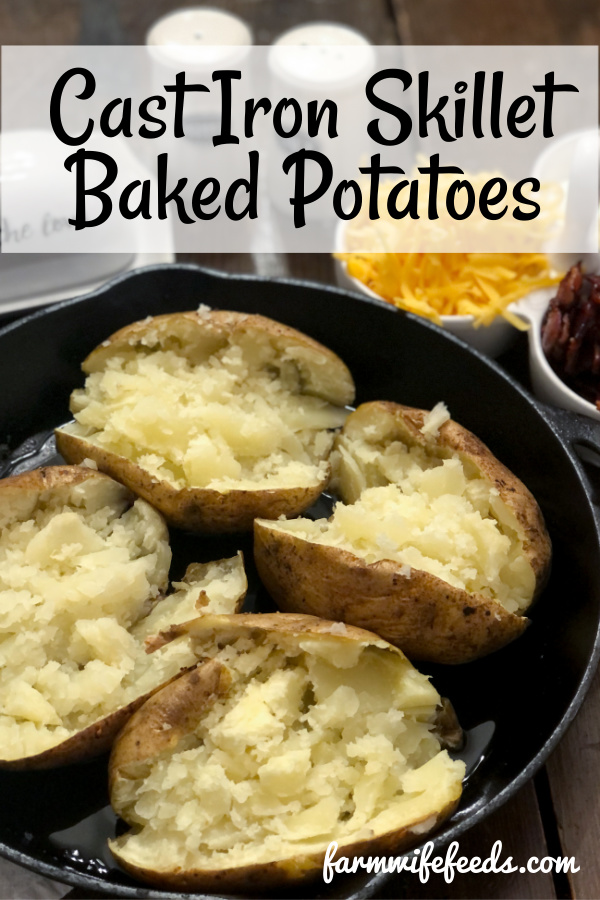 Cast Iron Skillet Baked Potatoes from Farmwife Feeds. Rolled in bacon grease then baked in the oven for a fluffy potato with a crispy salty skin and loaded with all the goodness. #bacon #bakedpotaoes #castiron